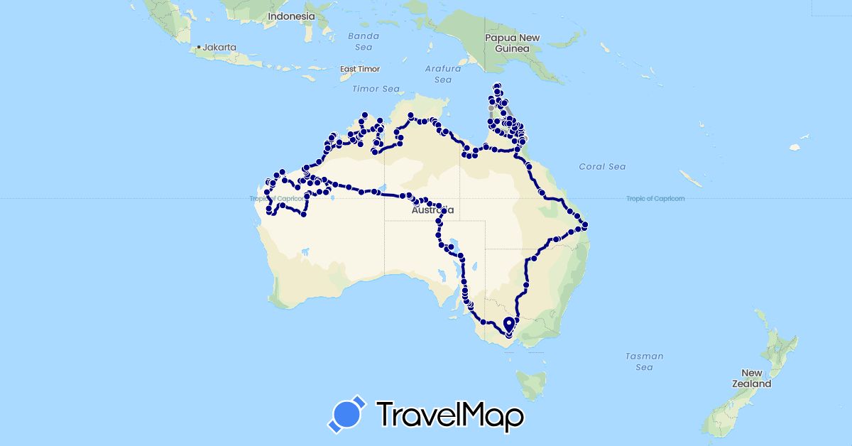 TravelMap itinerary: driving, plane in Australia (Oceania)