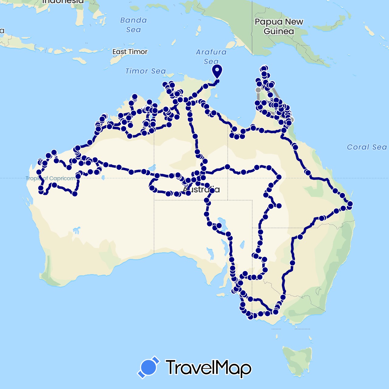 TravelMap itinerary: driving, plane in Australia (Oceania)